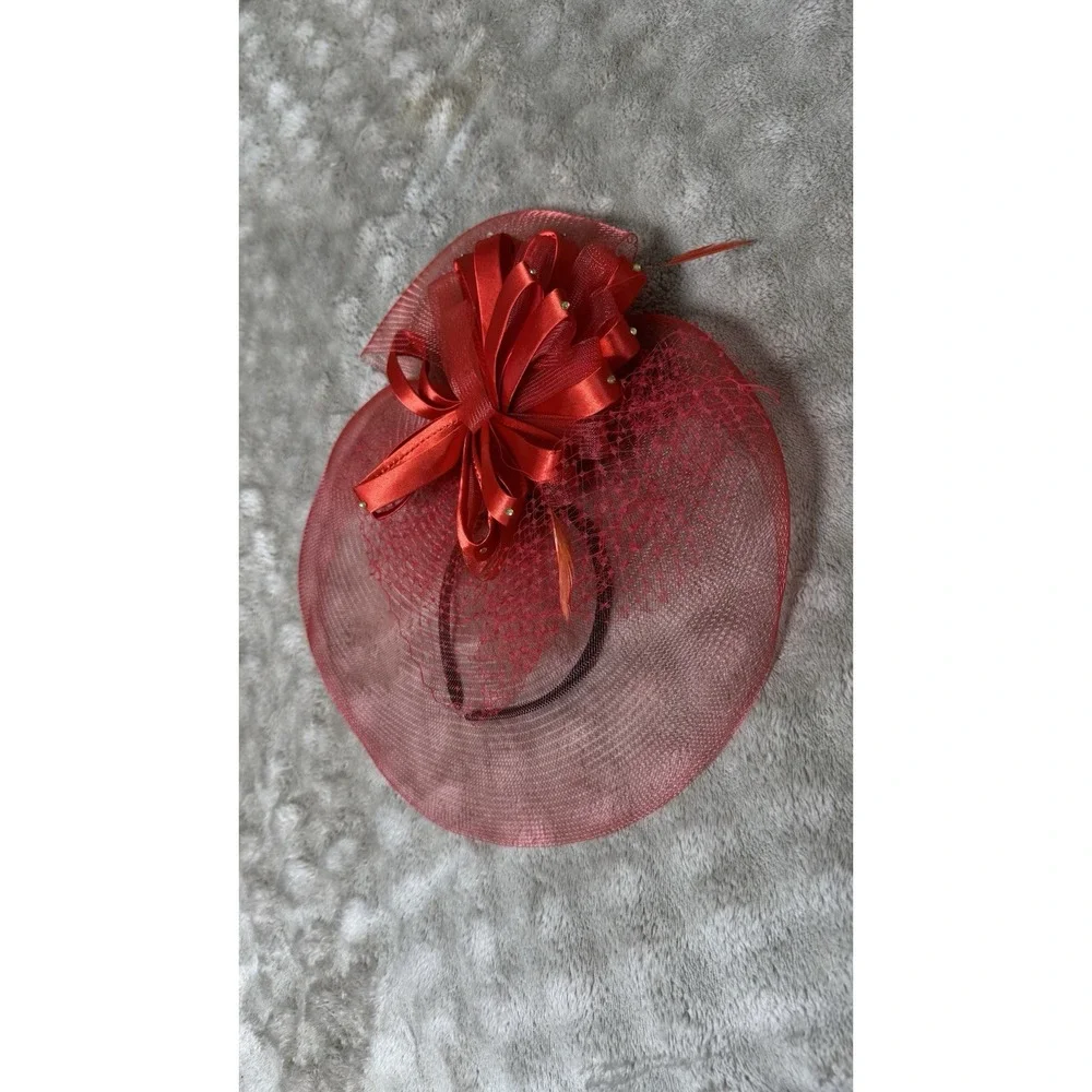 Red Fascinator Hat Headband Mesh Veil